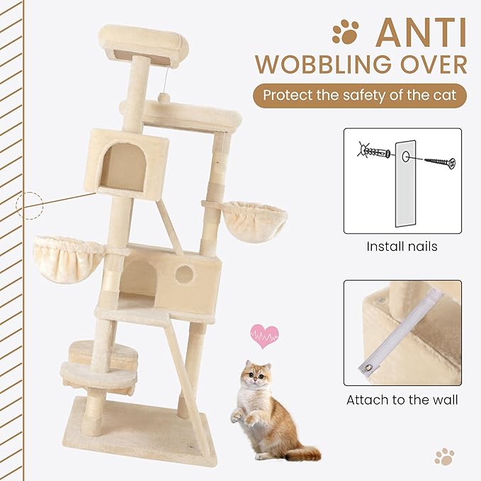 SHA CERLIN 65in Larger Cat Tree Tower Condo for Indoor Kitties/Multi-Level Furniture Activity Center with Wide Base/Cozy Plush Cat Perches/Baskets/Sisal Scratching Posts and Hammock/Beige
