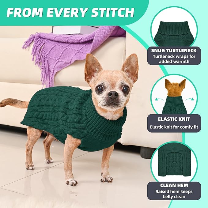 2 Pack Dog Sweaters for Small Dogs Turtleneck Pullover Cable Knit Puppy Stretch Clothes Chihuahua Yorkie Pomeranian Toy Poodle Boy Girl Pets Winter Doggie Clothes (XS, Green & Brown)