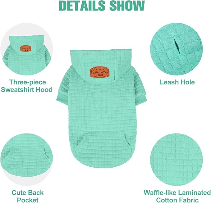 BEAUTYZOO Small Dog Hoodie Sweater with Pockets, Dog Clothes for Small Medium Dogs Boy Girl, Waffle-Like Laminated Cotton Pet Coats with Hat and Leash Hole, Mint Green L
