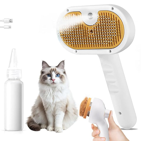 Pet Steam Brush for Dog & Cat – 3-in-1 Spray Hair Removal Comb – Steam for Shedding & Grooming – Water Brush for Long & Short Haired Pets – Spritz Defur Comb – Includes 2*Waterless Shampoo