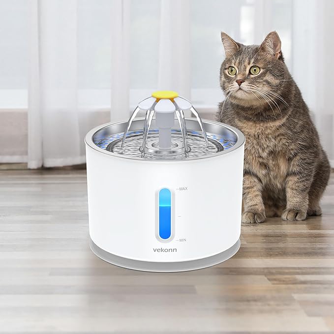 Cat Water Fountain Stainless Steel Top with 4 Filters & 4 Sponges, 2.4L Pet Water Fountain for Small Dog and Cat with LED Light and Water Level Window (Grey)