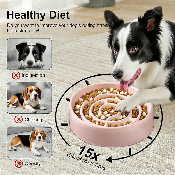 Slow Feeder Dog Bowls, Ceramic Dog Bowl with Anti-Slip, Slow Feeder & Non-Slip Design, Boredom and Anxiety Reducer, Suitable for All Breed Dogs and Cat (Ceramic-Pink)