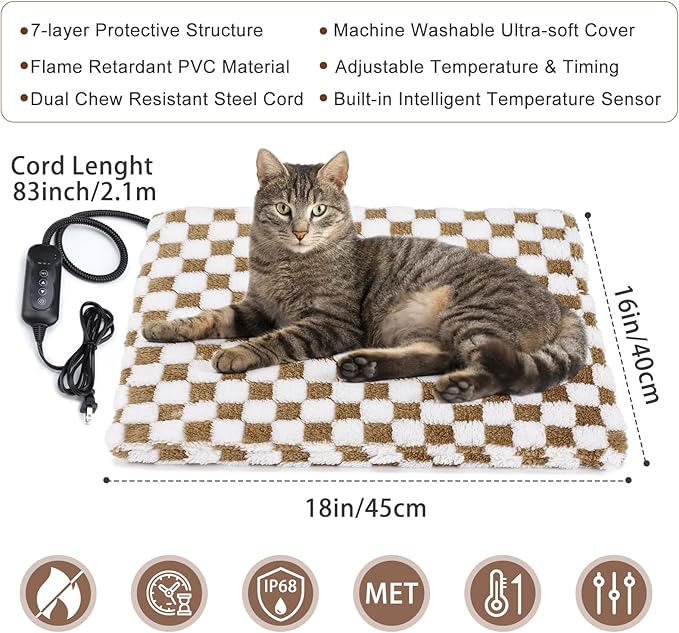 MIXJOY Heated Cat Bed, 11 Adjustable Temperature Cat Heating Pad Indoor with Timer, Pet Heat Pad for Cats Dogs, Electric Dog Heating Pads with Washable Cover, Heated Pet bed-18''x16'', Small