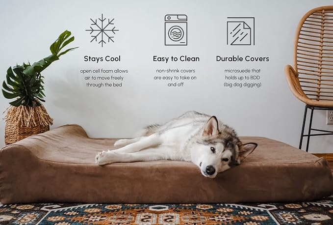 Barker Beds Orthopedic Dog Bed - 7" Pillow Top XL Size (52 x 36 x 11) - Luxury Washable Large Dog Bed with Headrest - Memory Foam Mattress for Big Dogs (Khaki)