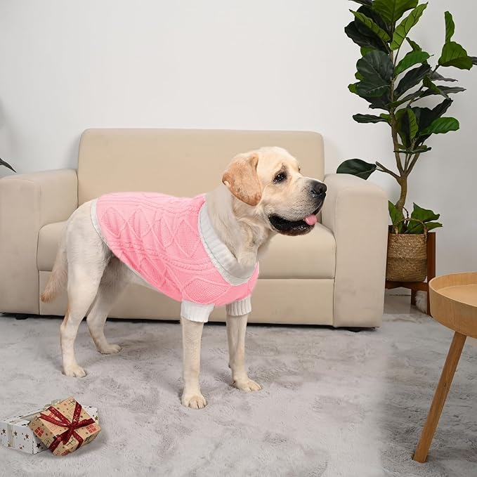 Dog Sweater for Large Dogs Argyle Cable Knit Turtleneck Pullover Winter Clothes Boys Girls Stretch Golden Retriever Labrador Bulldog Pitbull Doberman Pet (XL, Pink)