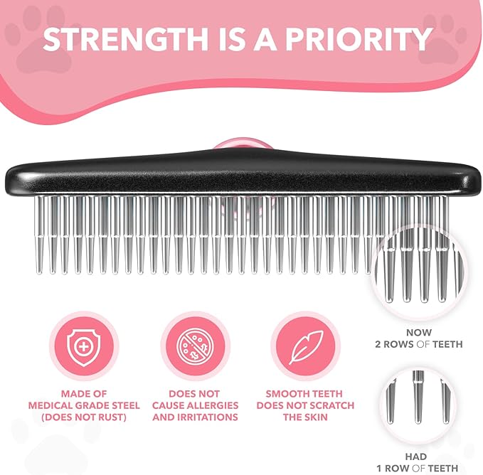 Dog rake deshedding dematting Brush Comb - Undercoat rake for Dogs, Cats, matted, Short,Long Hair Coats - Brush for Shedding, Double Row Stainless Steel pins - Reduce Shedding by 90% (Pink)