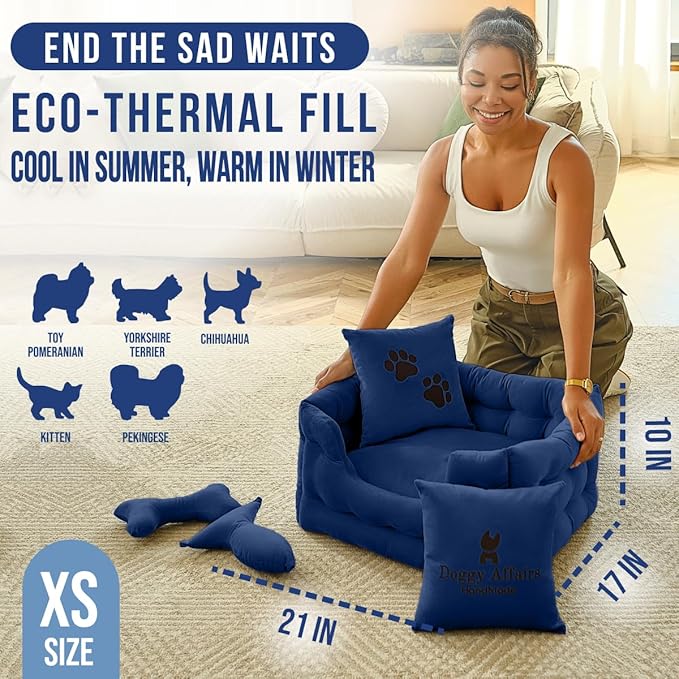 Luxury Dog Bed Chesterfield – Handcrafted Velvet Throne for Dogs | Joint Support, Calming & Temp-Regulating Comfort | Durable 5+ Years, Anti-Claw, Washable 100+ Times – XS, Blue