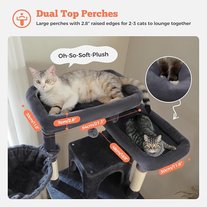 81 Inch Tall Cat Tree for Indoor Cats Large Adult - Multi-Level Cat Tower with Large Metal Frame Hammock, 2-in-1 Scratching Ramp, 2 Top Perches, 2 Cozy Condos & 6 Scratching Posts - Dark Grey