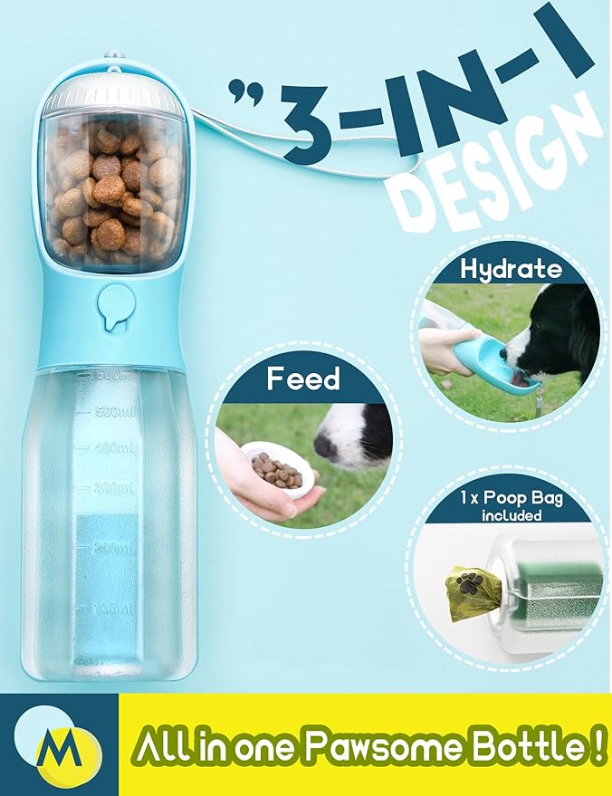 Portable Water Bottle for Dogs, 3 in 1 Pet Travel Bowl Dispenser with Food Treat Container & Poop Bag Holder, Summer Outdoor Walking Hiking Accessories for Large Dog On The Go - Blue, 20oz