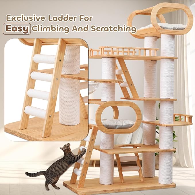 Wood Cat Tree,77'' Modern Cat Trees for Indoor Cats Large Adult,Mult-Level Large Cat Tower with Sisal Scratching Posts,Top Bed,Clear Hammock,Toy,Heavy Duty Sturdy Cat Condo for Cats