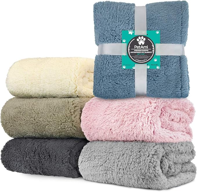 PetAmi Fluffy Waterproof Dog Blanket for Bed Large Dogs, Soft Warm Pet Sherpa Throw Pee Proof Couch Cover, Reversible Cat Blanket Sofa Crate Kennel Protector, Washable Mat Queen (Light Grey, 90x90)