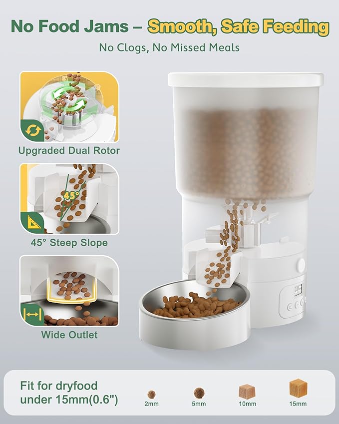 Gimars 5L Automatic Cat Feeder for 2 Cats, Programmable 1-6 Meals Cat Food Dispenser with Stainless Steel Bowl, Easy Setup, Dual Power Supply,10s Meal Call Timed Pet Feeder for Cats and Small Dogs