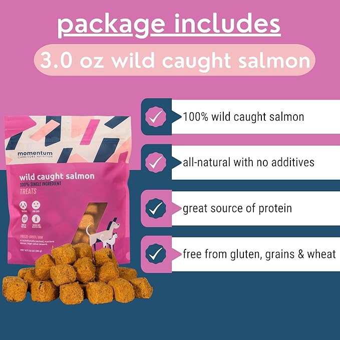 Momentum Carnivore Nutrition Wild-Caught Salmon Dog and Cat Treats - Freeze-Dried Raw - High Protein, Skin & Coat Support, Omega 3s - 3 oz Bag