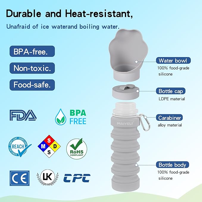 Dog Water Bottle Collapsible & Portable Squeeze, 9oz-17oz Water Dispenser & Folding Bowl,5 Levels Capacity in 1,Carabiner Clip,100% Food-Grade Silicone, Outdoor Walking,Hiking,Travel