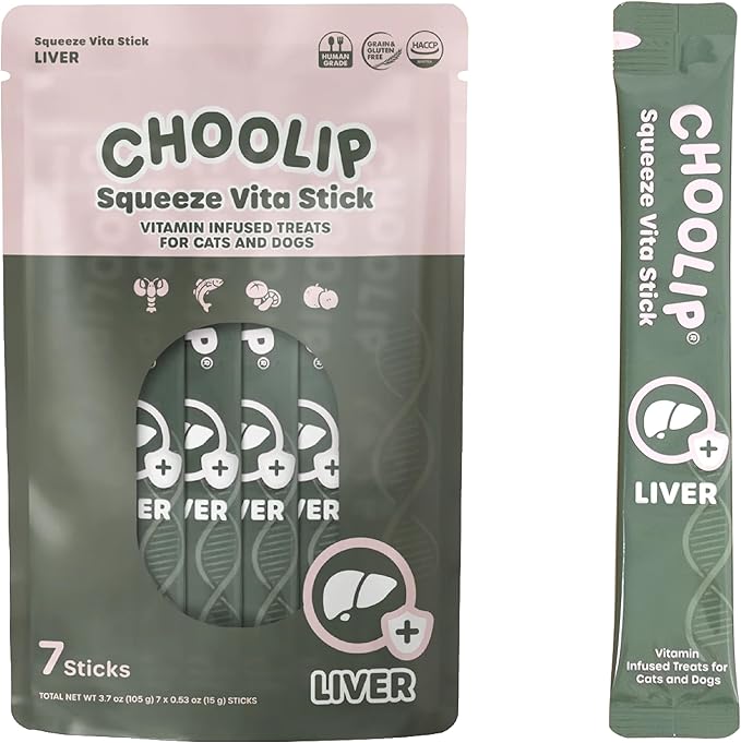 Choolip Squeeze Vita Stick Lickable Cat and Dog Treats – 7-Count Liver Support Sticks with Multivitamins, Soft Squeezable Paste for All Life Stages, Supporting Liver Health