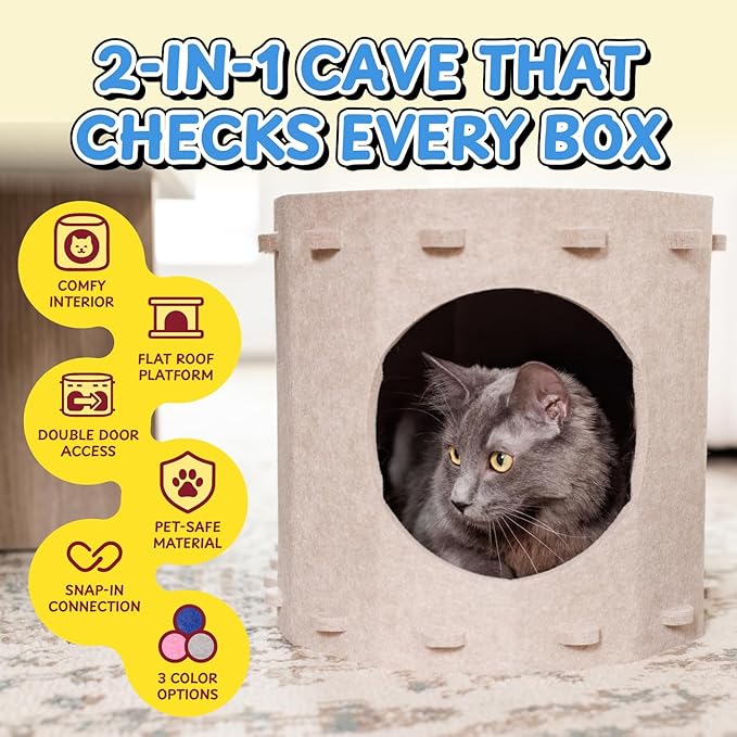 Tess & Liza Felt Cat Cave โ Cozy Hideaway for Cats & Kittens | Eco-Friendly Felt Cat House | Durable & Spacious Cat Bed for Large Cats | Stylish Indoor Pet Furniture by Snarky Petsโข Blue