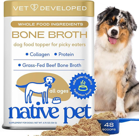 Native Pet Bone Broth for Dogs - Made with Real Beef Bone Broth, Dog Food Toppers for Picky Eaters - Provides Extra Hydration & Nutrition for Joint Strength, Immunity & Heart Health-48 Scoops