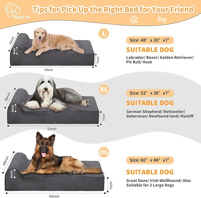 Orthopedic Dog Beds for Large Dogs, 7" Memory Foam Dog Beds with Waterproof Liner, Chew Proof Microsuede Cover, Removable and Washable, Nonskid Bottom, 48"x30"x7" L Grey