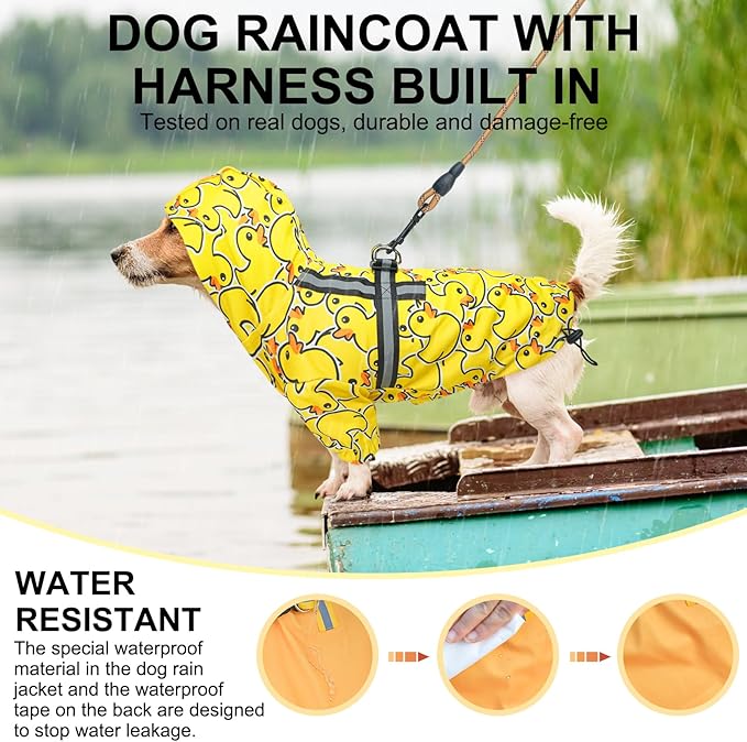 BEAUTYZOO Dog Raincoat Hooded with Harness Built-in for Small Medium Large Dogs Girls Boys, Dog Rain Jacket Slicker Poncho, Waterproof Dogs Rain Coat Clothes for Winter Rainy Snowy Days, Yellow M