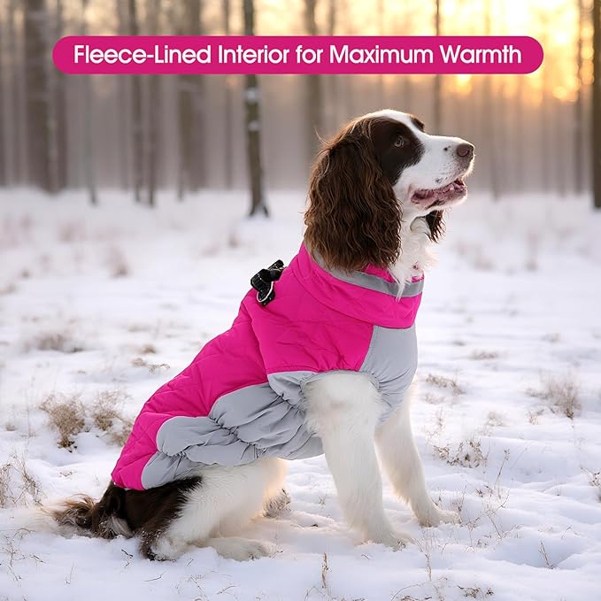 FUAMEY Dog Coat, Medium, Pink, Faux Fur - Waterproof, Windproof, Reflective Cold Weather Coat with Built-in Harness, Fits Dogs 11 lbs and Up