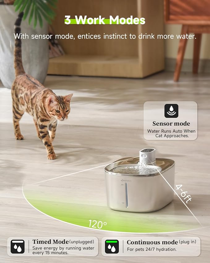 Cat Water Fountain Stainless Steel,152oz/4L Wireless Pet Fountain Battery Operated,Quiet Filtered Pet Water Fountain,Automatic Water Bowl for Cats Dogs with Motion Sensor 5 Filters