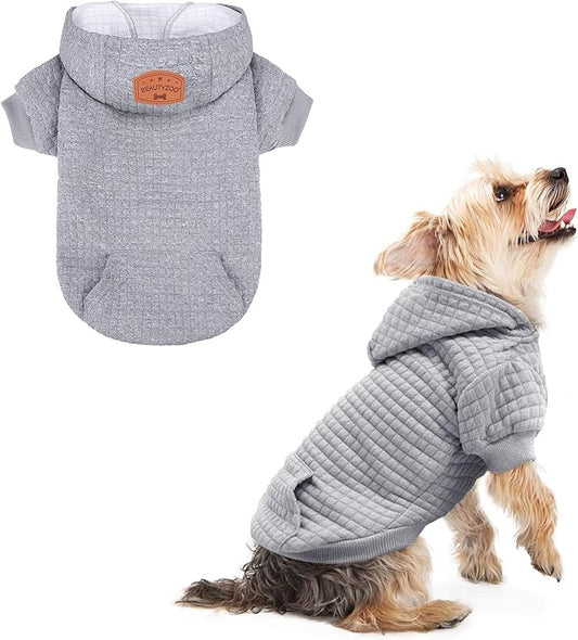 BEAUTYZOO Small Dog Hoodie Sweater with Pockets, Dog Clothes for Small Medium Dogs Boy Girl, Waffle-like Laminated Cotton Pet Coats with Hat and Leash Hole, All Weather Coat for Puppy Doggie Chihuahua