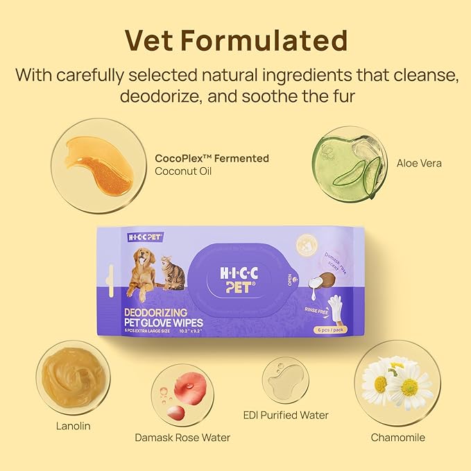 HICC PET Cleaning Deodorizing Glove Wipes for Dogs & Cats, Vet Recommended Hypoallergenic Pet Cleaning and Hydrating Glove Wipes, Nourish Fur Coconut Oil Pet Bathing Wipes for Horse Coat Care