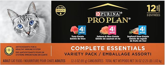 Purina Pro Plan High Protein Wet Cat Food Variety Pack, Complete Essentials Seafood Favorites - (2 Packs of 12) 3 oz. Cans