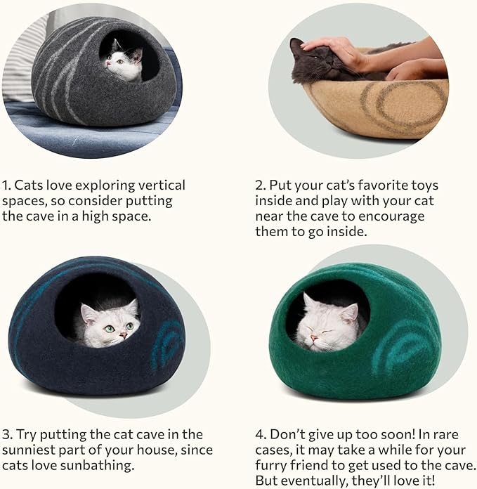 MEOWFIA Cat Cave – Premium Felt Cat Bed for Indoor Cats, Handmade 100% Merino Wool (Gold Rose, Large)