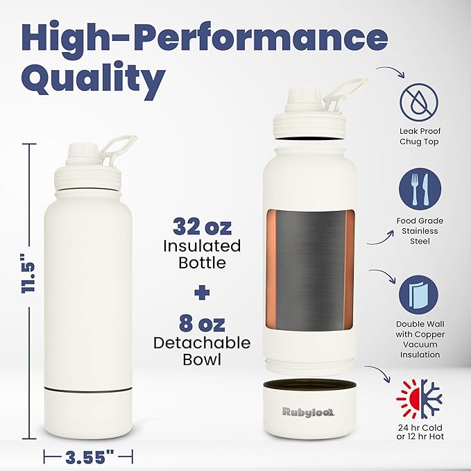 Dog Water Bottle for Dog Lovers - 32 oz Stainless Steel Double Wall Insulated Water Bottle with 8 oz Detachable Bowl on Bottom - Gift for Doggy Lovers for Hiking, Walks, Travel - Cream
