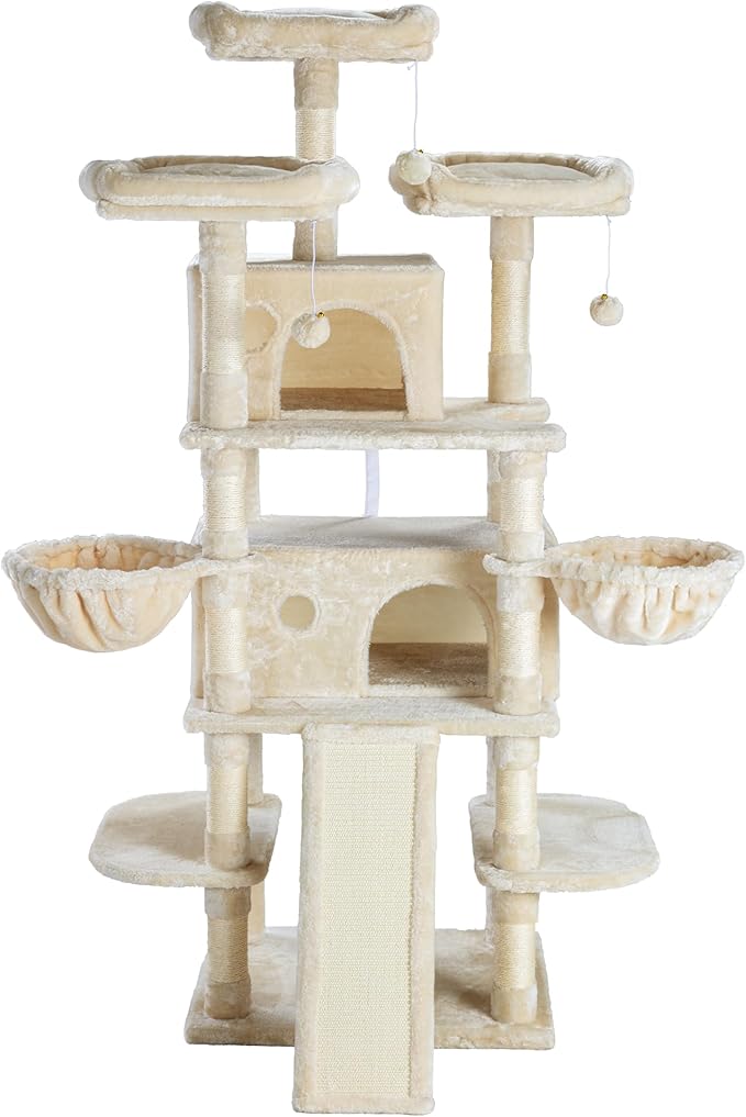 SHA CERLIN 68 Inches Multi-Level Large Cat Tree for Large Kitties/Big Cat Tower with Condo/Cozy Plush Pussycat Perches/Sisal Scratching Posts and Hammocks/Activity Center/Beige