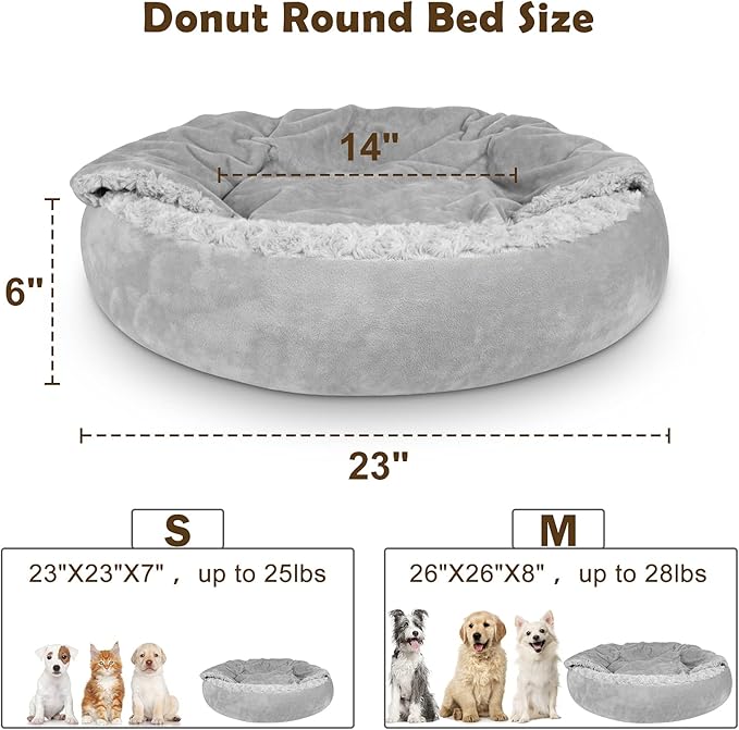 JOEJOY Small Dog Bed Cat Bed with Hooded Blanket, Cozy Cuddler Luxury Puppy Pet Bed, Donut Round Calming Anti-Anxiety Dog Burrow Cave Bed - Anti-Slip Bottom and Machine Washable 23 inch