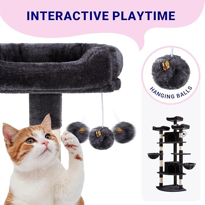 Allewie 73in Fan-Shaped Space-Saving Corner Cat Tower/Multi-Level Tall Cat Tree for Indoor Kitties/Cozy Baskets/Condos/House/Perches/Sisal Scratching Posts/Pet Activity Center/Dark Grey