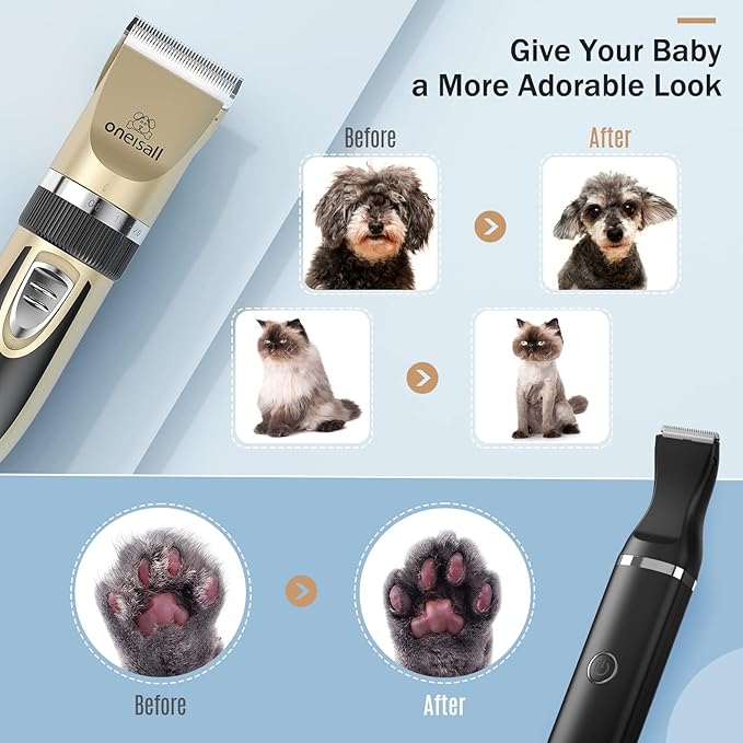 oneisall Dog Grooming Clippers and Paw Trimmer Kit 2 in 1 Quiet Cordless Dog Clippers for Grooming Pet Hair Paws Trimmers for Small Dogs Cats Animals
