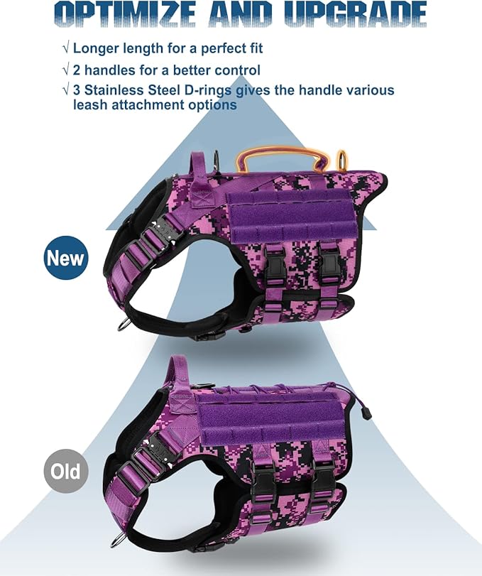 Tactical Dog Harness - PETNANNY Dog Harness Service Dog Vest for Large Breed Dog, Hook and Loop Panel for Service Dog Patchs, Work Dog MOLLE Vest with Handle for Walking Hiking Training(Purple Camo,L)