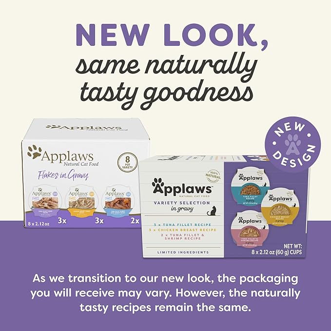 Applaws Natural Wet Cat Food in Gravy, Limited and Natural Ingredients, High Protein with No Artificial Additives, Variety Pack in Gravy (8X 2.12 oz Easy-Open Cups)