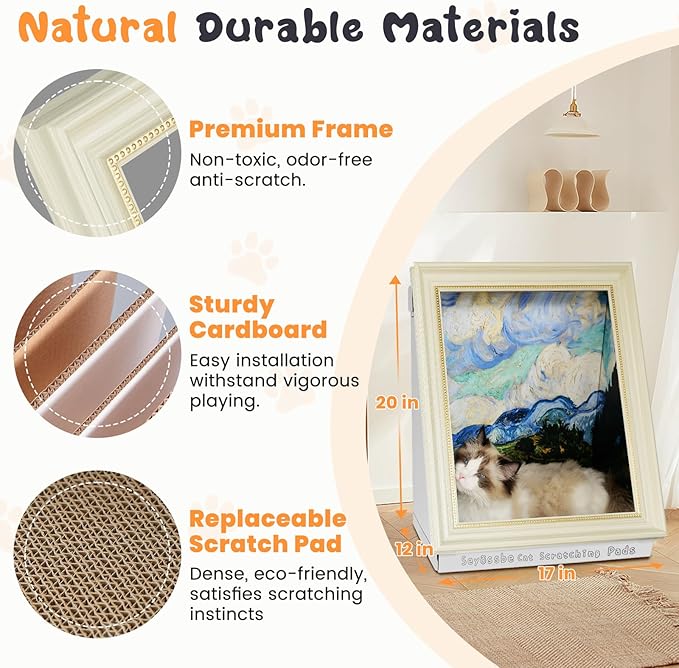 Mona Lisa Cat Bed Painting Cat Scratcher Bed CartBoard Cat House Beds for Indoor Cats Half-Surround Design W/Horizontal Cat Scratcher Scratching Board W/Catnip (The Star Night, Medium - Large)