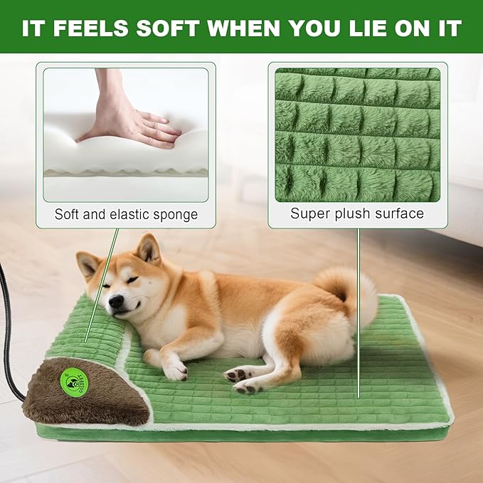Large Heated Dog Bed 40x27x2 in,Equipped with MET/UL Dual Certified Heating Pad and Intelligent Controller,Thickened Memory Sponge+100% Plush Heated Pet Bed,Indoor Puppy Bed with Side Pillows