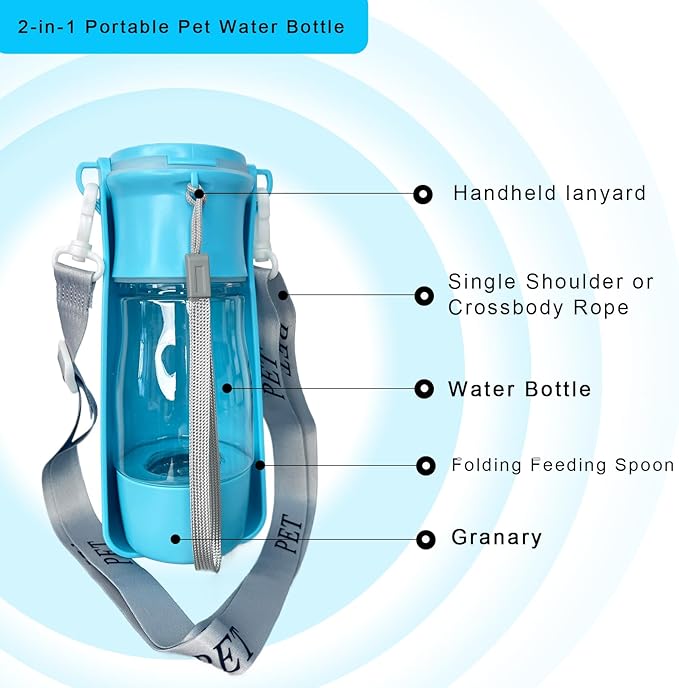 Portable Dog Water Bottle - 2-in-1 Dog Travel Water Bottle with Food Container & Bowl Dispenser, Leak-Proof, Lightweight, Ideal for Dog, Cat Walking, Hiking, Travel - 8 oz, Blue