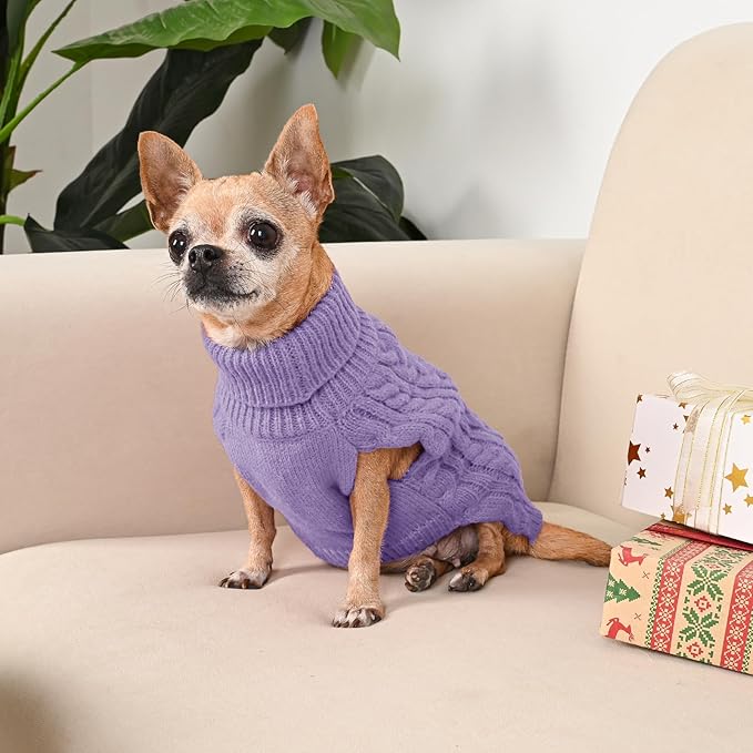 2 Pack Dog Sweaters for Small Dogs Turtleneck Pullover Cable Knit Puppy Stretch Clothes Chihuahua Yorkie Pomeranian Toy Poodle Boy Girl Pets Winter Doggie Clothes (S, Pink & Purple)