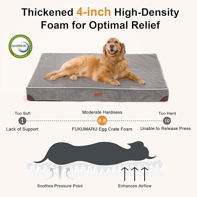 FUKUMARU Dog Bed, Plush Corduroy Orthopedic Dog Beds with Removable Washable Cover, XL Waterproof Dogs Bed for Crate, Egg Crate Foam Support Pet Mat, Cozy Pet Bed Mat with Anti-Slip Bottom, Grey