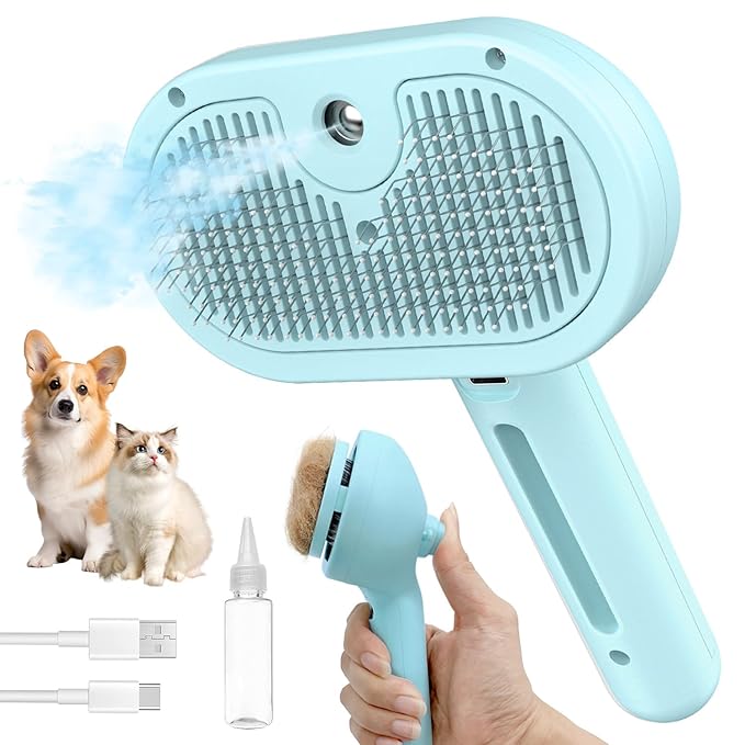 Cat Steam Brush for Shedding, 3 In 1 Self Cleaning Steamy Pet Brush Anti Static Flying Hair Spray Cat Comb for Long and Short Hair Pets Grooming Remove Loose Haired Reduce Shedding (Blue)