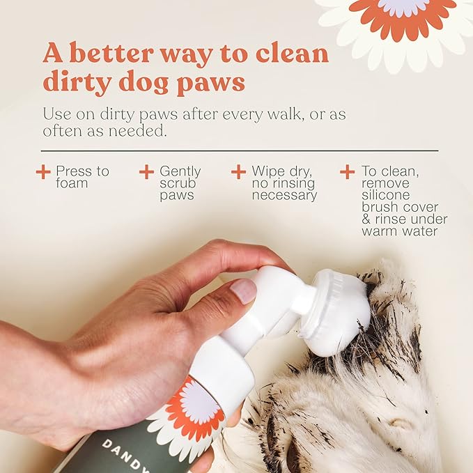Dandylion Clean Paws | No-Rinse Dog Paw Cleaner & Puppy Paw Washer | Gentle, Fragrance-Free, pH Balanced Foaming Cleanser with Silicone Bristle Brush | Safe for All Dogs | 5 fl oz