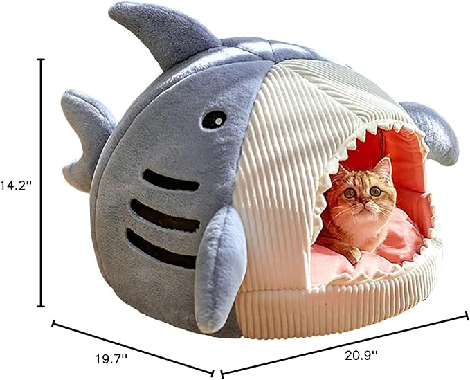 QWINEE Cat Mat Shark-Shaped Kennel Kitten Bed Hideout House Warm Soft Comfortable Semi-Closed Cat Dog Nest Blue L