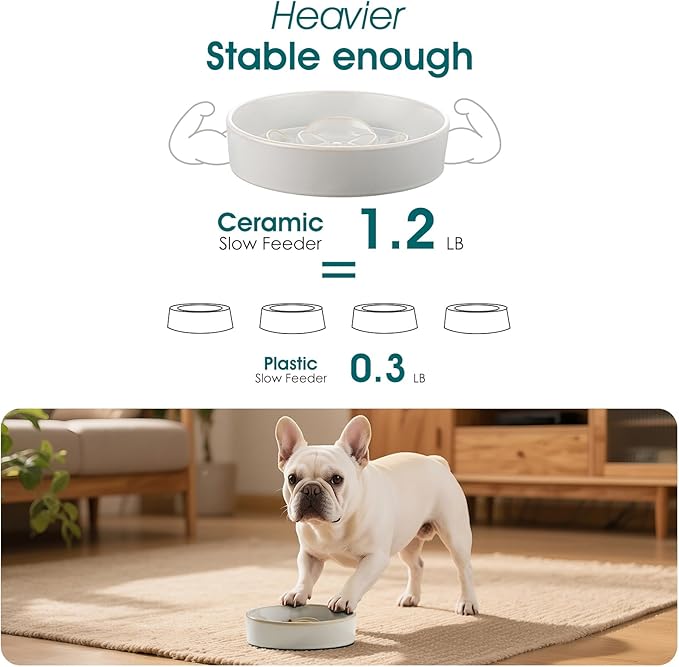 vancasso Slow Feeder Dog Bowl, 0.6 Cups Ceramic Dog Food Dish for Fast Eaters Small Breed, Puzzle Bowl for Small Dogs and Cats, Light Gray