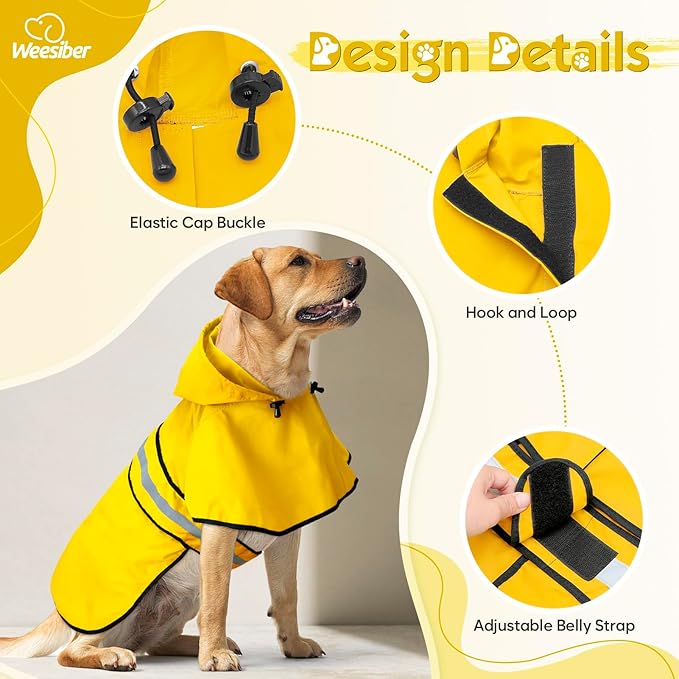 Weesiber Dog Raincoat, Adjustable Waterproof Dog Rain Jacket Poncho with Reflective Strip and Leash Hole, Lightweight Pet Rain Coat for Small to X-Large Dogs (S, Yellow)