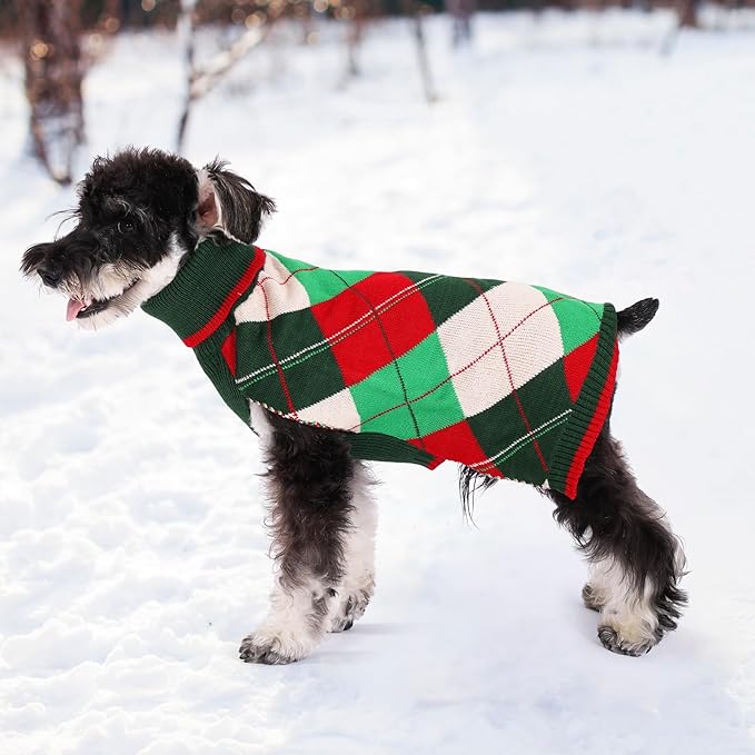 KOOLTAIL Dog Christmas Sweater Pet Knitted Clothes - Classic Plaid Pull Over Turtleneck Dog Sweaters with Leash Hole Warm Dogs Winter Clothing for Small Medium Dogs Cats Puppy Boy Girl Red & Green ML