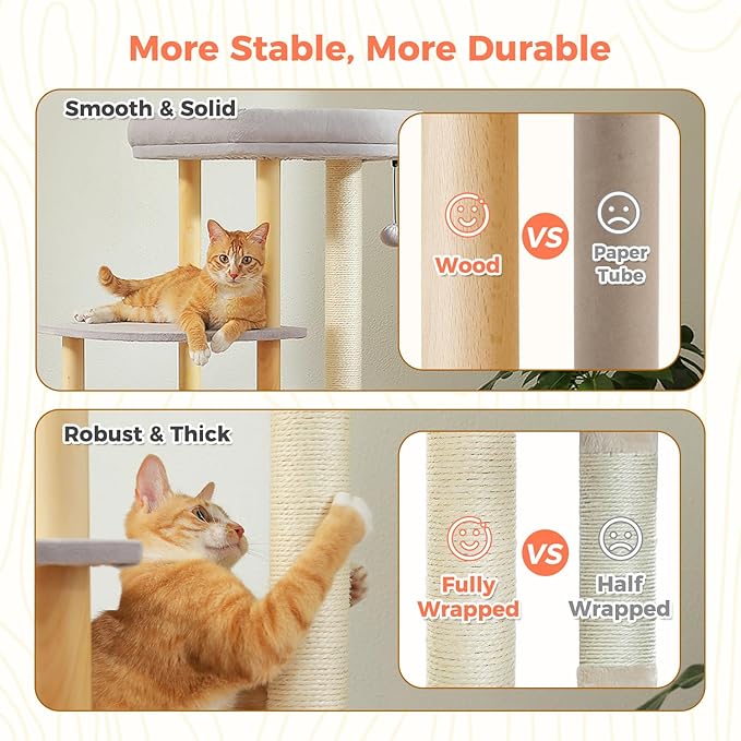 53" Modern Cat Tree for Large Cats, Wooden Cat Tower with Fully Sisal Covered Scratching Posts and Solid Wood Posts, Cat Furniture with Spacious Perch and Cozy Condo Gray