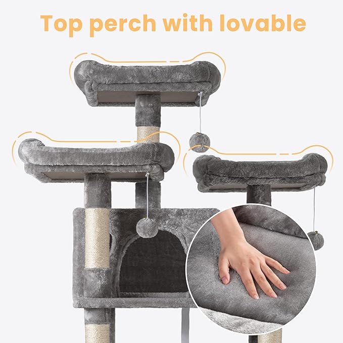 SHA CERLIN 68 Inches Multi-Level Large Cat Tree for Large Kitties/Big Cat Tower with Condo/Cozy Plush Pussycat Perches/Sisal Scratching Posts and Hammocks/Activity Center/Grey