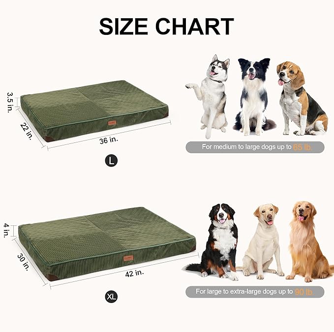 FUKUMARU Dog Bed, Plush Corduroy Orthopedic Dog Beds with Removable Washable Cover, XL Waterproof Dogs Bed for Crate, Egg Crate Foam Support Pet Mat, Cozy Pet Bed Mat with Anti-Slip Bottom, Green